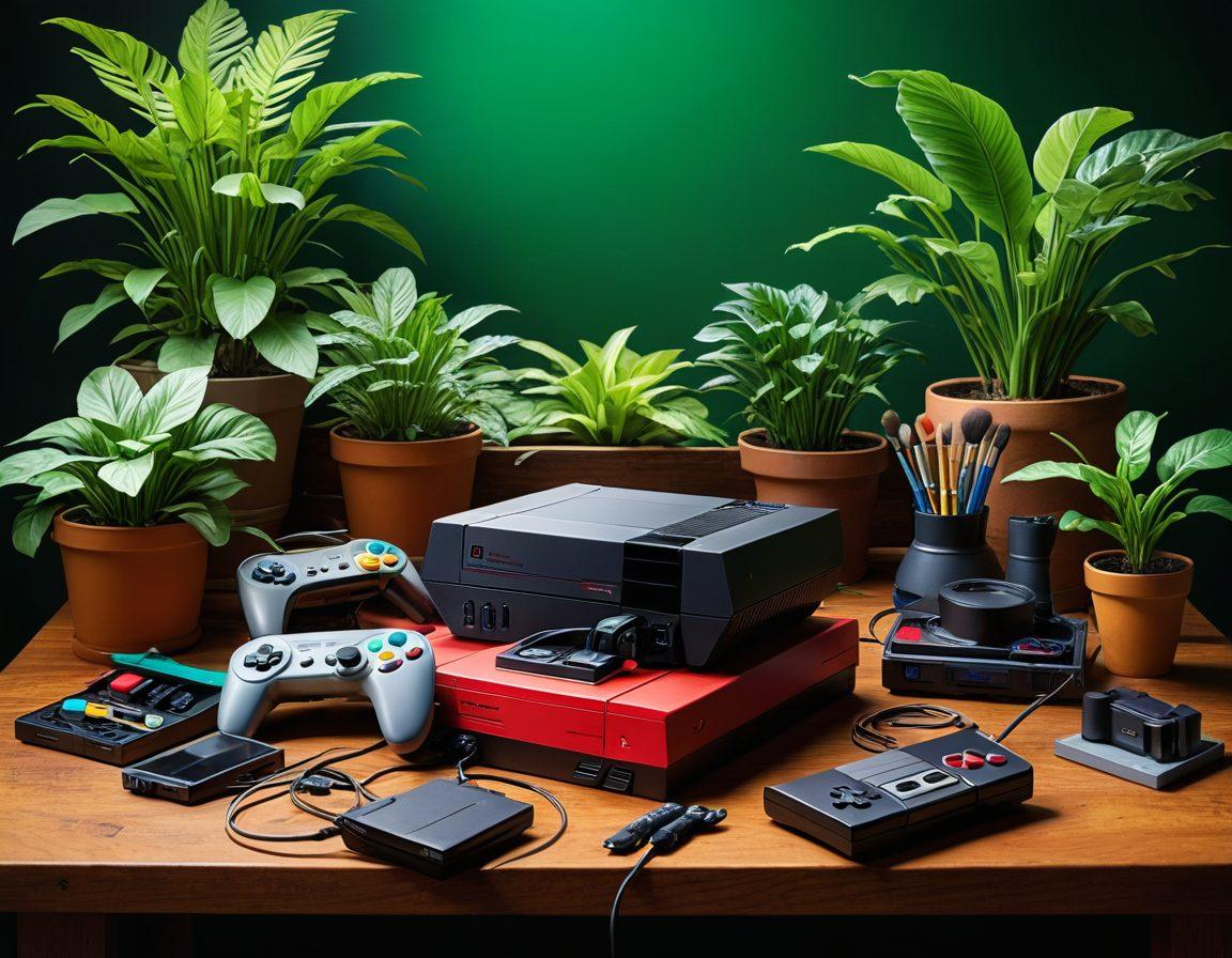 A dynamic collage showcasing the transformation from classic gaming consoles to modern immersive virtual reality setups, alongside various hobbies like painting, gardening, and woodworking, intertwined with vibrant elements such as game controllers, paintbrushes, and plants. The background features a kaleidoscope of colors representing creativity and recreation. super-realistic. vibrant colors. 3D.