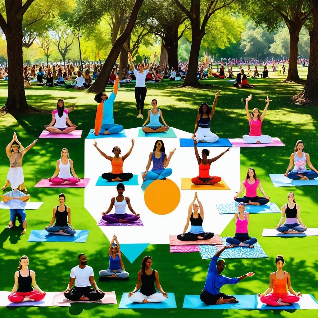 A vibrant collage showcasing diverse trendy activities such as yoga in a park, a group painting class, an outdoor music festival, and people engaging in digital nomad life on laptops. Bright colors radiate joy and creativity, encapsulating the spirit of modern lifestyle changes. The background features playful geometric patterns, symbolizing transformation and fun. super-realistic. vibrant colors. dynamic composition.