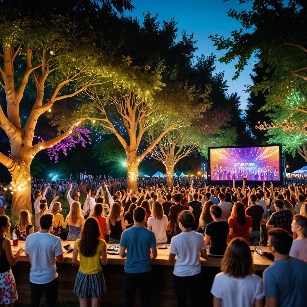 A vibrant scene depicting diverse individuals enjoying modern entertainment, featuring outdoor movie screenings, lively music festivals, and immersive virtual reality experiences. Add colorful festival lights, people laughing and dancing, along with elements of nature like trees and parks to evoke a sense of joy and recreation. The atmosphere should be filled with energy and excitement, showcasing a blend of technology and nature. super-realistic. vibrant colors.